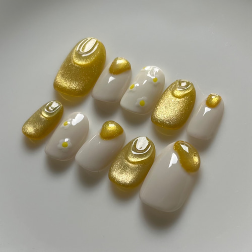 ネイルチップ イエロー 黄色 マグネット フラワー お花 ぷっくり 春 夏