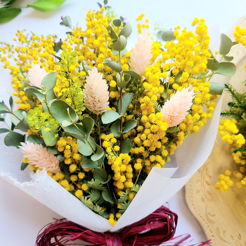 ミモザの蕾　トルコキキョウ　ナチュラルリース　ドライフラワー　リース　約22cm 2set! 母の日ギフト 09 ミモザのナチュラルリース&ブーケスワッグ