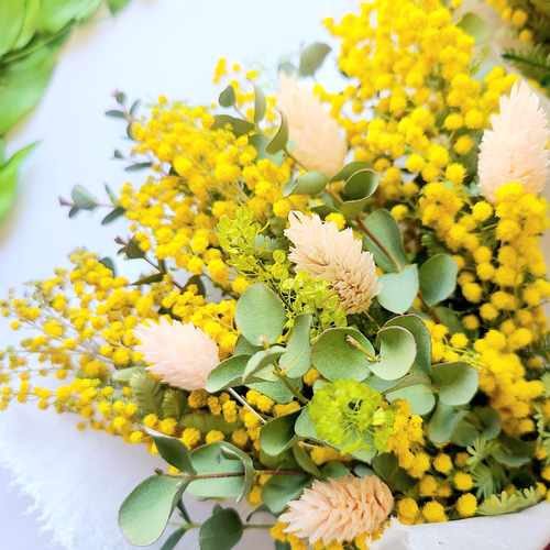 ミモザの蕾　トルコキキョウ　ナチュラルリース　ドライフラワー　リース　約22cm 2set! 母の日ギフト 09 ミモザのナチュラルリース&ブーケスワッグ