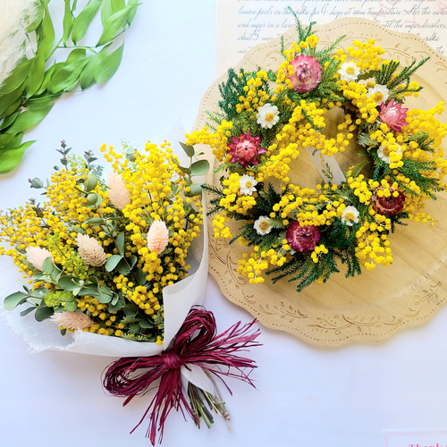 2set! 母の日ギフト 09 ミモザのナチュラルリース&ブーケスワッグ