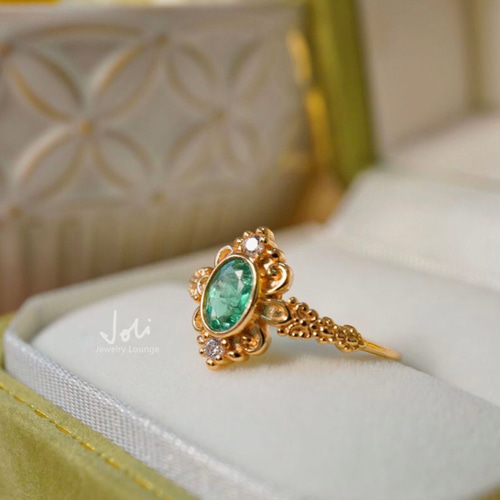 牡丹】天然エメラルド フラワー キラキラ レトロ ゴージャス 指輪 花