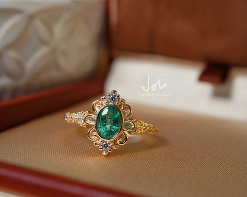 エメラルド　花モチーフリング 牡丹】天然エメラルド フラワー キラキラ レトロ ゴージャス 指輪 花