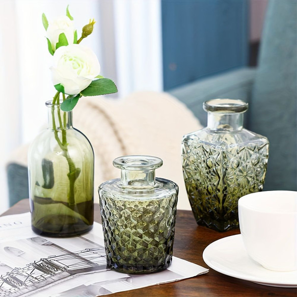 花瓶14個セット 緑の花瓶 ヴィンテージクリアガラスの花瓶 ホームテーブルの装飾 小さな花瓶 シンプル a-328 2枚目の画像