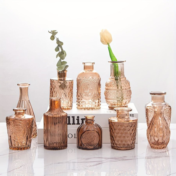 花瓶個10個セット ブラウン 茶色の花瓶 ヴィンテージクリアガラスの花瓶 ホームテーブルの装飾 小さな花瓶 a-331 1枚目の画像