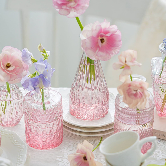 花瓶個10個セット ピンクの花瓶 ヴィンテージクリアガラスの花瓶 ホームテーブルの装飾 小さな花瓶 a-336 3枚目の画像