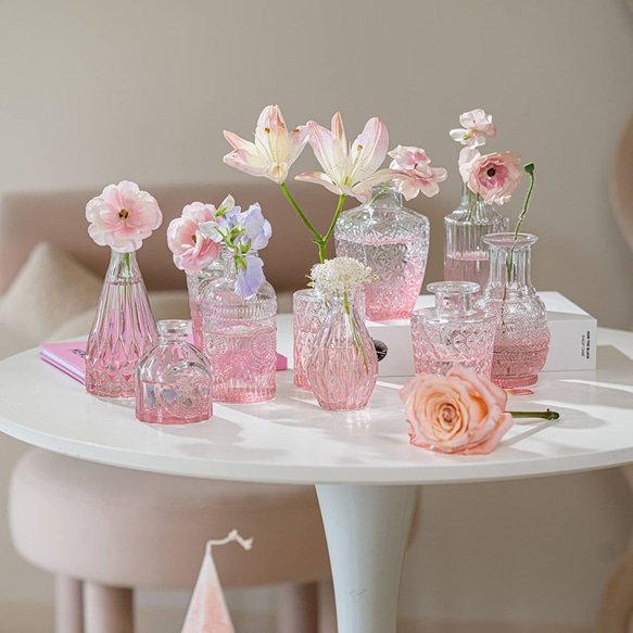 花瓶個10個セット ピンクの花瓶 ヴィンテージクリアガラスの花瓶 ホームテーブルの装飾 小さな花瓶 a-336 2枚目の画像