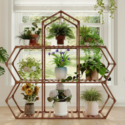 六角形植物スタンド 屋内 木製 屋外 植物用棚9個 鉢植えはしご 植物ホルダー 変形可能な植木鉢スタンド a-361 1枚目の画像