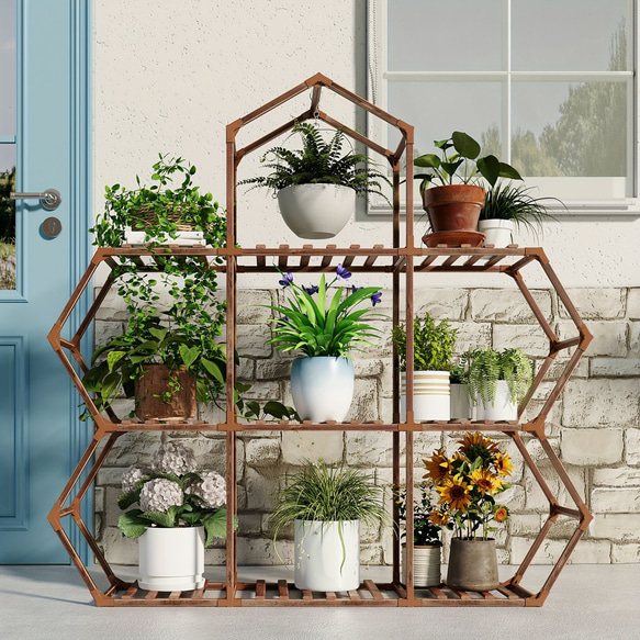 六角形植物スタンド 屋内 木製 屋外 植物用棚9個 鉢植えはしご 植物ホルダー 変形可能な植木鉢スタンド a-361 4枚目の画像