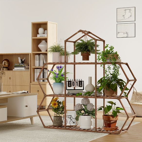六角形植物スタンド 屋内 木製 屋外 植物用棚9個 鉢植えはしご 植物ホルダー 変形可能な植木鉢スタンド a-361 2枚目の画像