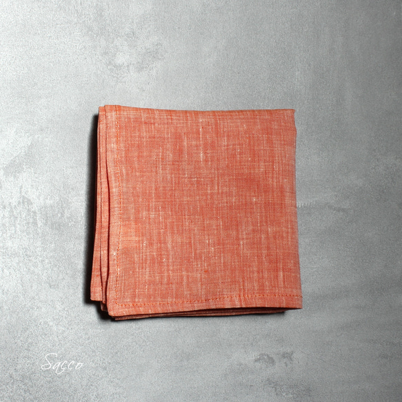 ハンカチ 45×45【オレンジ／シャンブレー】リネン１００％ 1枚目の画像