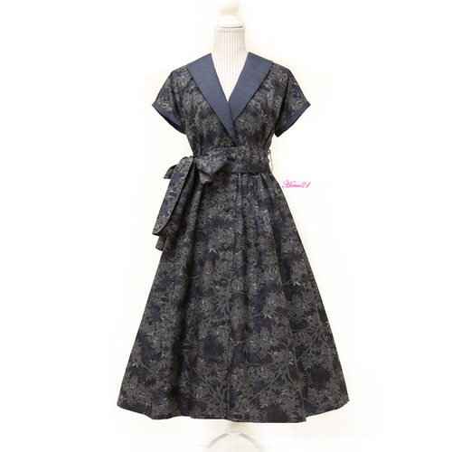 大島紬】クラシックなショールカラーのワンピース*ロング丈(紺色