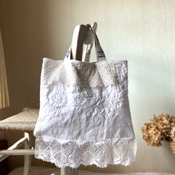 フランスアンティークの素晴らしい白糸刺繍布 バック 芸術*貴重フランスアンティーク手刺繍＆レース*トートバッグ