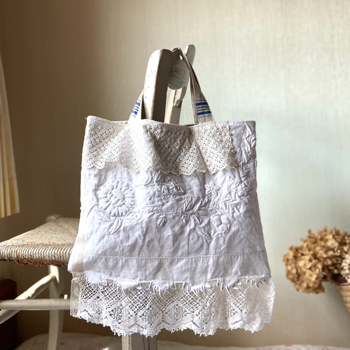 芸術*貴重フランスアンティーク手刺繍＆レース*トートバッグ* トート 