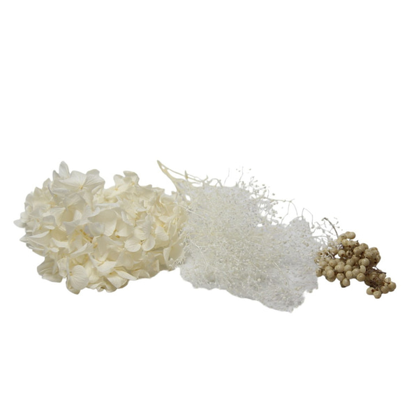 花材セット 「3種アソート ホワイト」 アジサイ カスミ草 ペッパーベリー プリザ ハーバリウム 花材 髪飾り 2枚目の画像