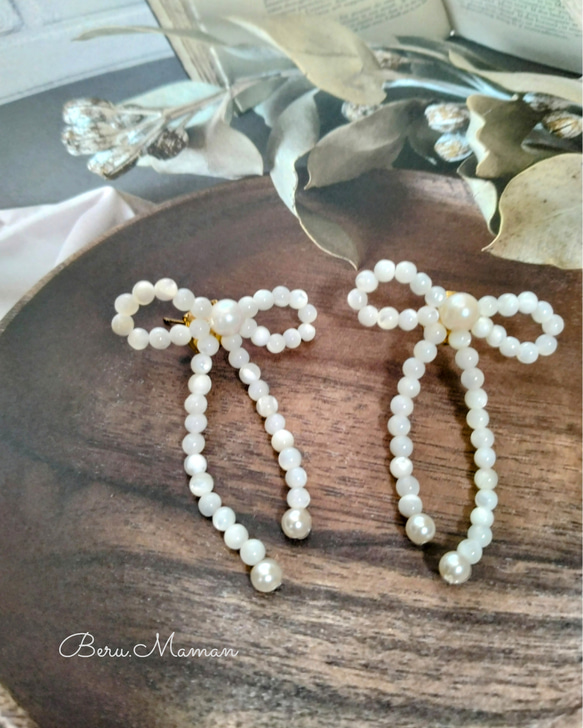 k18あこや真珠天然ダイヤモンドリボンピアス