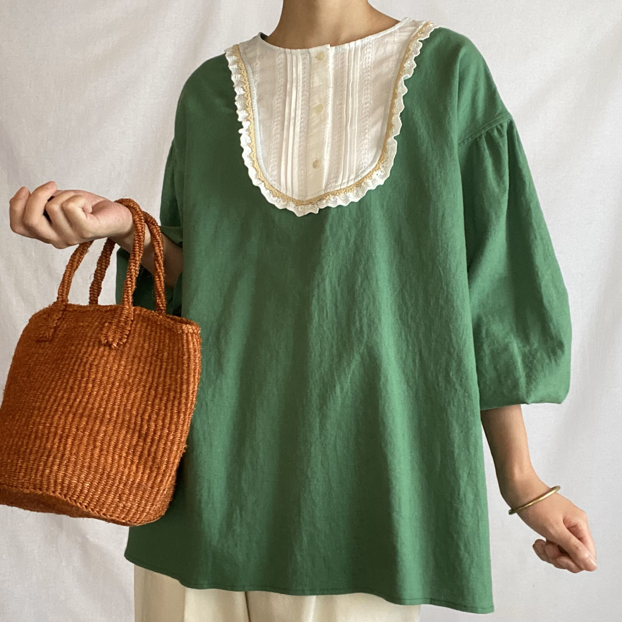 《 歌うあの子の Airy Blouse 》10/グリーン/緑/レース/刺繍/バルーンスリーブ/ブラウス