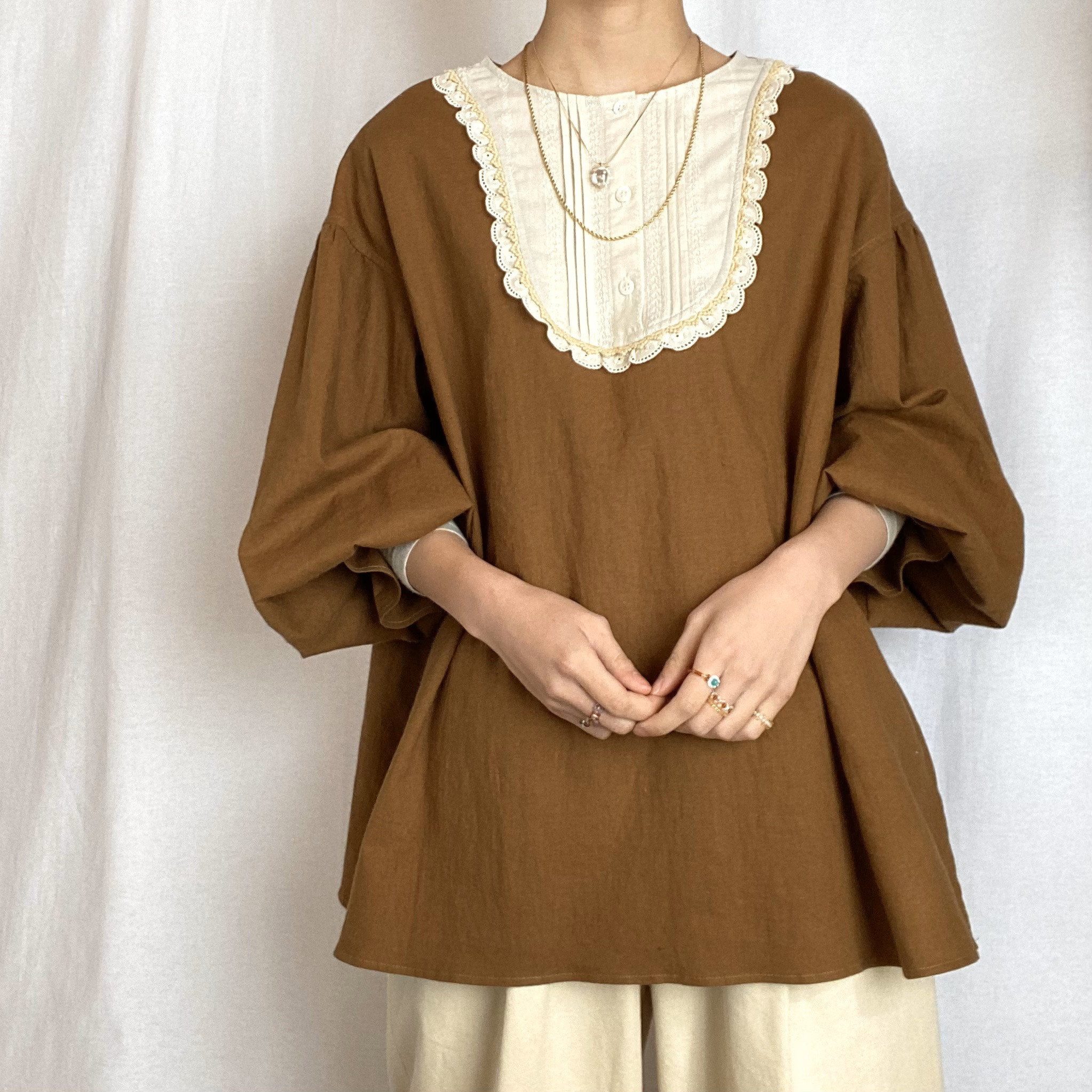 《 歌うあの子の Airy Blouse 》12/ブラウン/茶/レース/刺繍/バルーンスリーブ/ブラウス