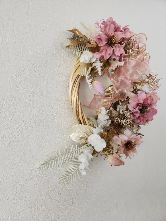 くすみピンク　華やかリース　ゴールド　シルバー　インテリア　大きいリース　壁飾り　造花 11枚目の画像