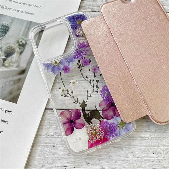 ピンク手帳型押し花スマホケース、紫陽花、全機種対応、iPhone15、iPhone15Pro、iPhone15plus 1枚目の画像