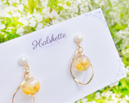 黄色いかすみ草と淡水パールのガラスドームピアス/イヤリング ハー