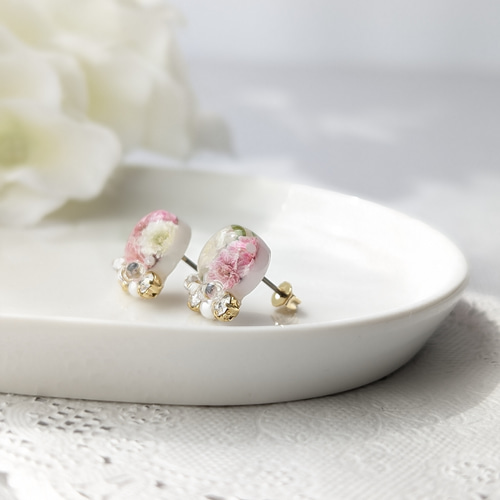 レジンヘアゴム　スクエア　ダブル　ピンク　春　ゴールド　かすみ草 blaze-japan_dpy-300145