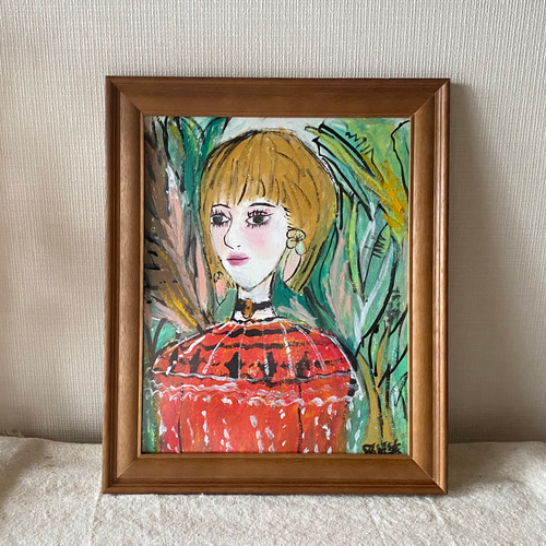 たぬき 希少 絵画 絵画 。壁掛け絵☆【きれいな女性ときれいな緑の植物】 絵画