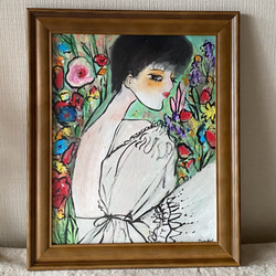 絵画。壁掛け絵原画手描き【ピンクのスカートを着て白い猫を抱いている女の子】 b1b5f9de453fd2d9a0649d8f59a50b