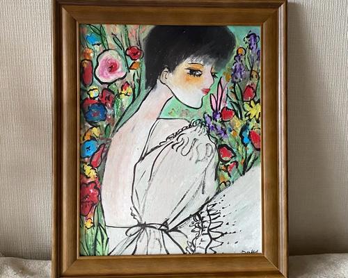絵画 。壁掛け絵☆【きれいな白いスカートの女性が色とりどりの花を家