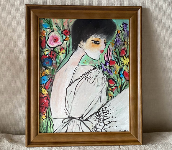 絵画 。壁掛け絵☆【きれいな白いスカートの女性が色とりどりの花を家