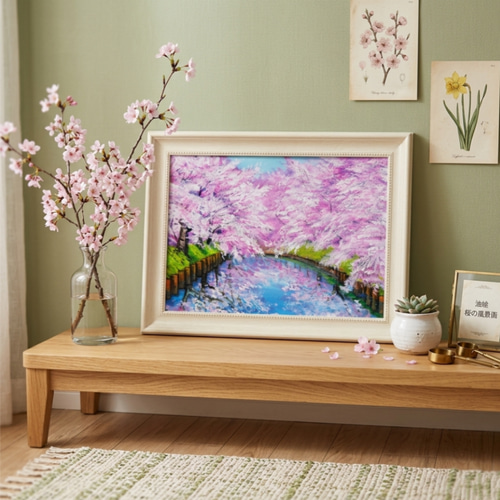 一点物 油絵 原画【春の目覚め ～水面に映る夢～】風景画 油彩画 青