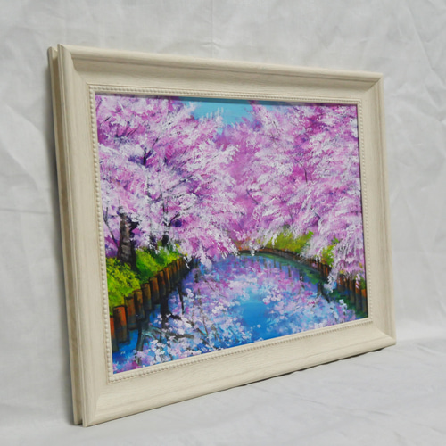 一点物 油絵 原画【春の目覚め ～水面に映る夢～】風景画 油彩画 青