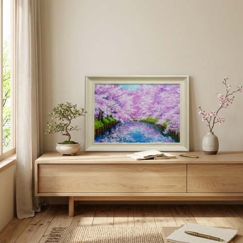 一点物 油絵 原画【春の目覚め ～水面に映る夢～】風景画 油彩画 青