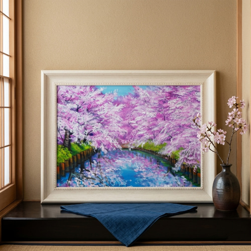 一点物 油絵 原画【春の目覚め ～水面に映る夢～】風景画 油彩画 青