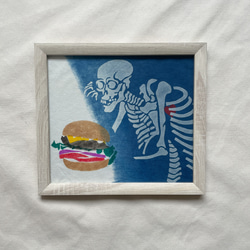 送料無料 " LOVE Burger "  藍染アート フレーム付き 型摺り染 幽霊 骸骨 ハンバーガー 1枚目の画像