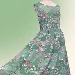 L～2L 縮緬グリーン 和で魅せるフレアーワンピース お出掛け 結婚式 着物ドレス 着物リメイク 緑 B6406 3枚目の画像