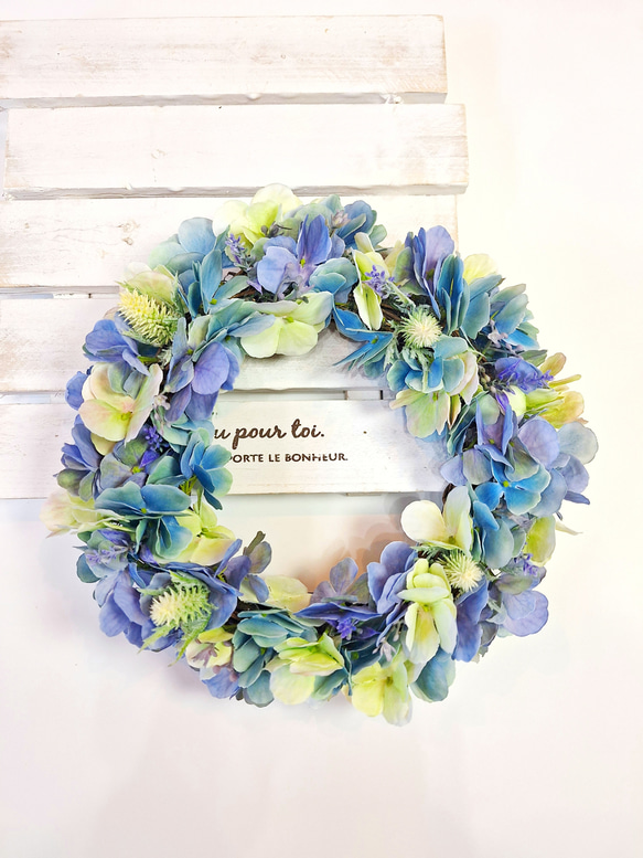 3色グラデーション紫陽花フラワーリース/屋外 リース•玄関リースとして  