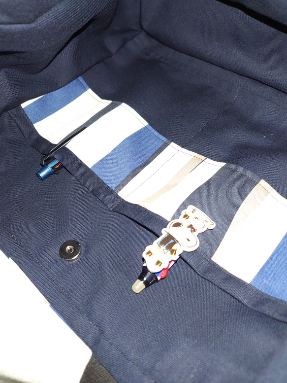 リバーストライプ　サイドポケット　肩掛けトートバッグとポーチのセット 6枚目の画像