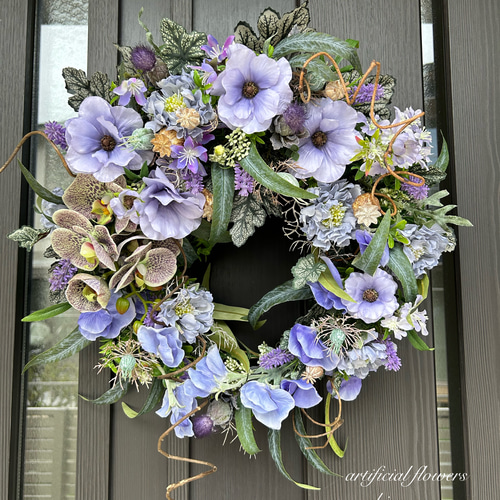 のんのん♡カーネーション♡パステル紫ローズ♡フラワーリース パープルローズとライラックのリース フラワーアレンジ ギフト