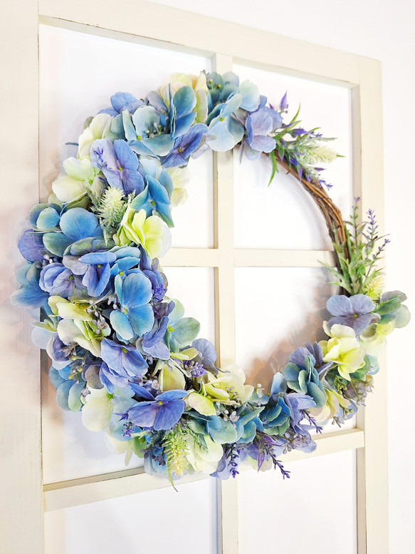 特大33cm>紫陽花三日月リース/屋外リース•玄関リース/アーティ  