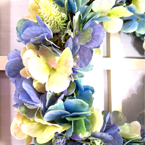 特大33cm>紫陽花三日月リース/屋外リース•玄関リース/アーティ  