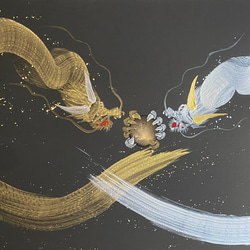 一筆龍『金銀双龍』★龍と天然石を身近に感じるアート・絵画 60cm×30cm 2枚目の画像