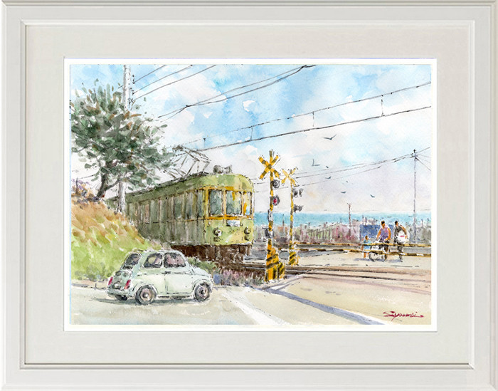 注文制作します 水彩画原画 江ノ電・七里ガ浜踏切15（＃387)