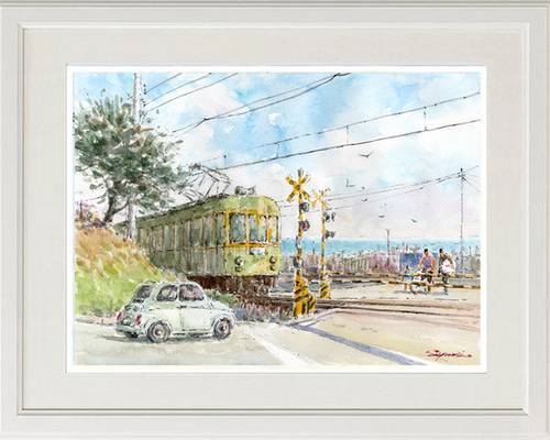 水彩画原画 江ノ電・七里ガ浜踏切・鎌倉プリンスホテル前 ＃635