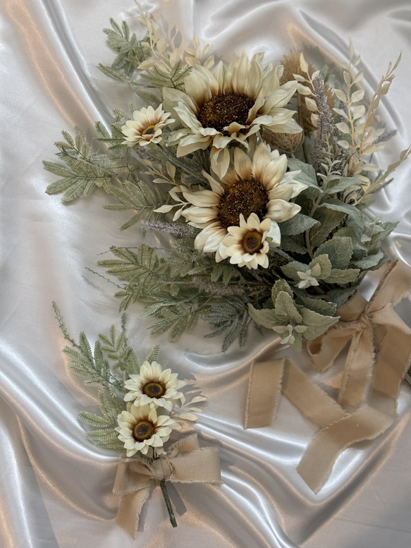 【受注制作】白いひまわりのブーケ（アーティシャルフラワー）夏ブーケ　リゾートブーケ 【受注制作】白いひまわりのブーケ（アーティシャルフラワー）夏ブーケ　リゾートブーケ P1592020084(12220円)