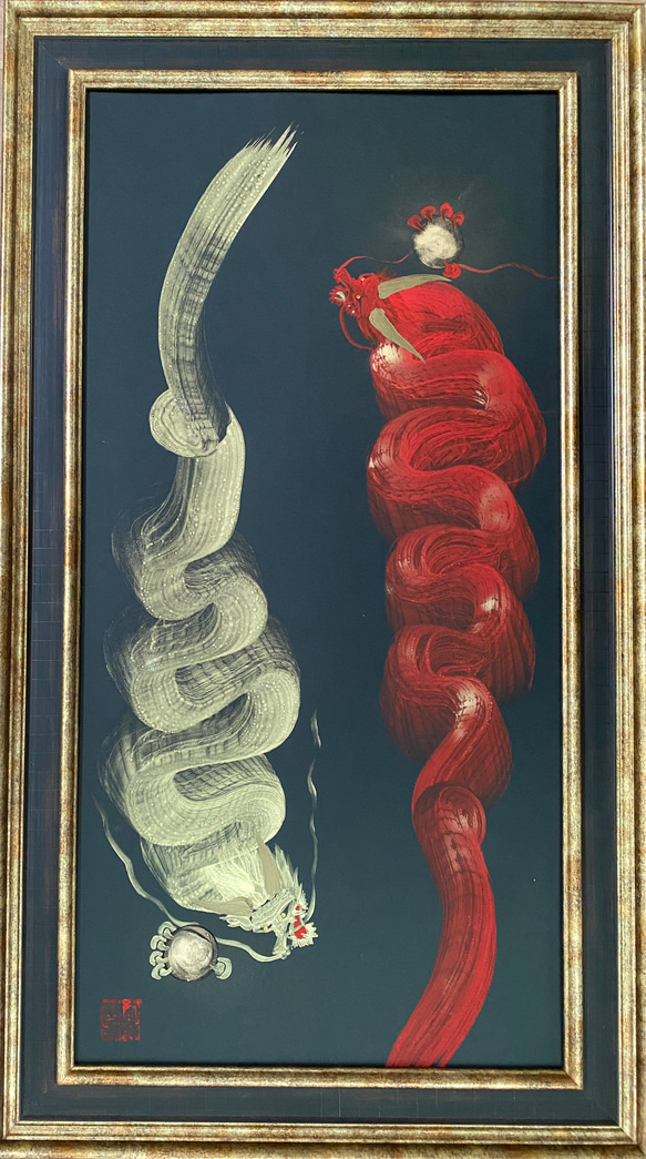 一筆龍『翔双龍』★龍と天然石を身近に感じるアート・絵画 60cm×30cm また にあたる龍神様で