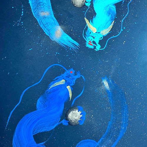 一筆龍『銀河双龍』☆龍と天然石を身近に感じるアート・絵画 60cm×30cm 