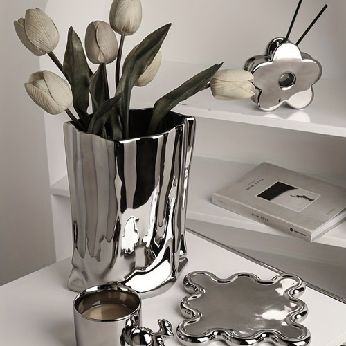 銀色のセラミック花瓶 フラワーベース 背の高いモダンなシンプルな