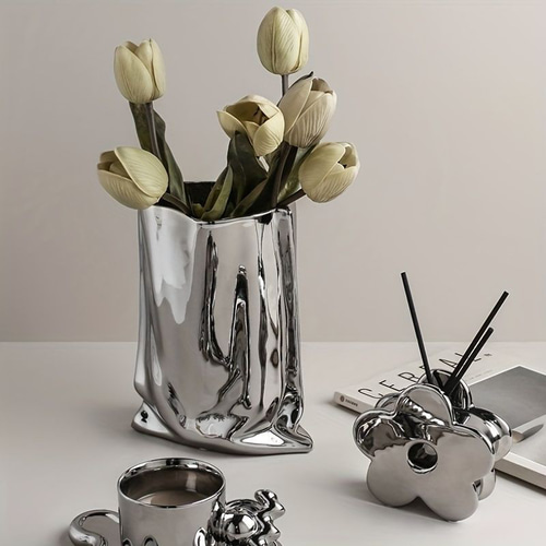 銀製　花瓶 銀色のセラミック花瓶 フラワーベース 背の高いモダンなシンプルな