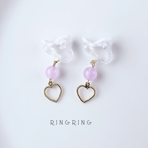 子供用イヤリング】やさしいバイオレットカラーの天然石とハートが  