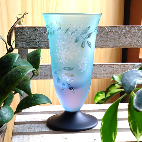 ジャスミン」食前酒グラス 葉 グリーン・ネオジウム サンドブラスト